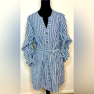 Given Kale Cotton button front 3/4 sleeve chambray shirt dress Tie waist medium